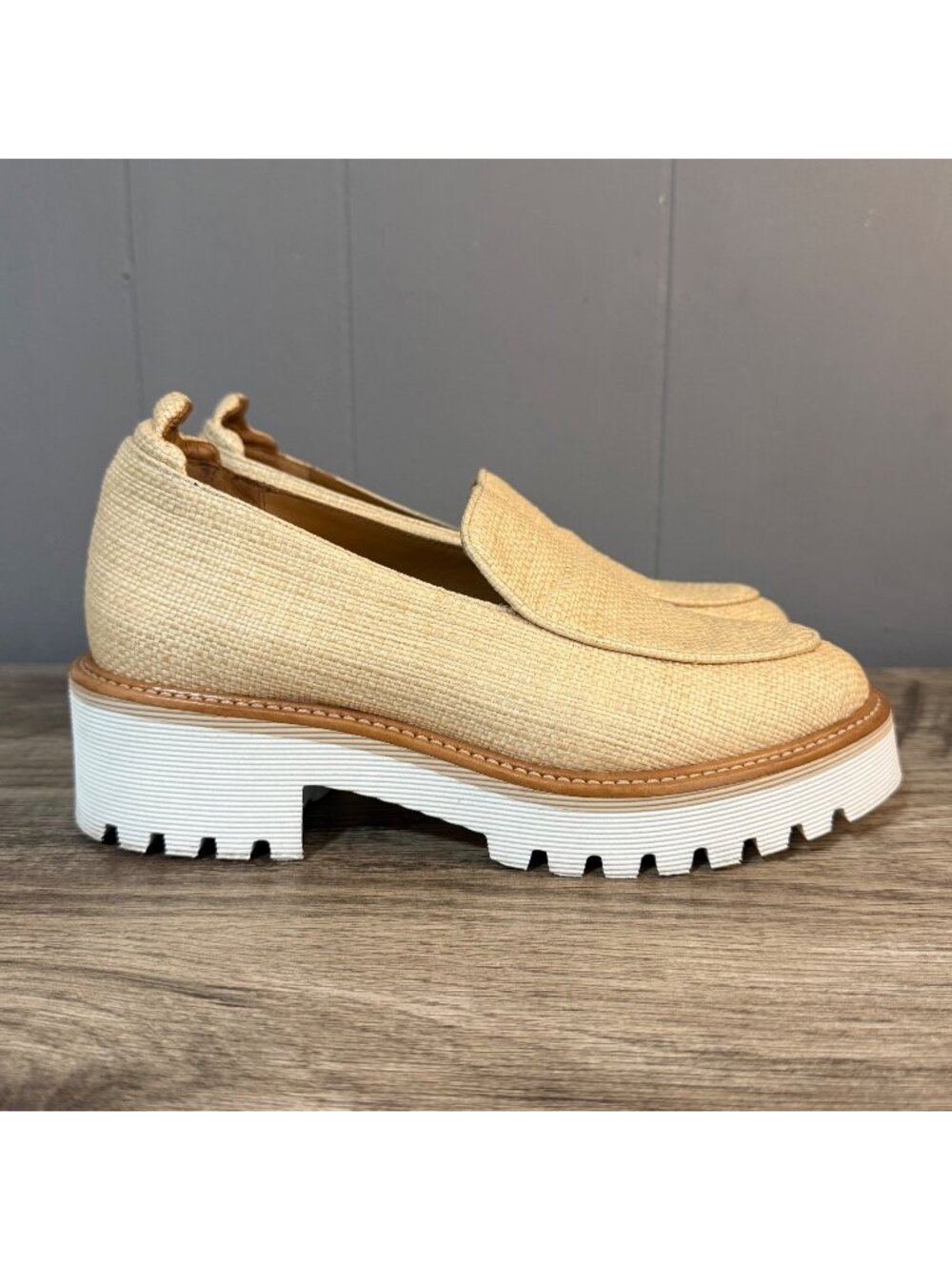 M. Gemi Raffia Lug Sole Loafers Woven Fabric Chunky Rubber Sole Sz 38 US 7.5